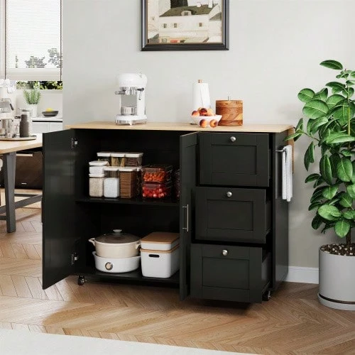 L135*W44(70)*H90cm Large Mobile Kitchen Table, Oak Worktop, Foldable Design, Multifunctional Cabinet, 3 Drawers, Towel Rack, Suitable For Kitchen, Dining Room, Home - Black - View 1