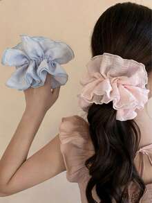 1pc Korean Style Minimalist Solid Color Multi-Layer Pleated Plaid Hair Scrunchie, Suitable For Daily Commute Wear Ponytail Hair Ties Elastics Rubber Bands - Multicolor - View 4