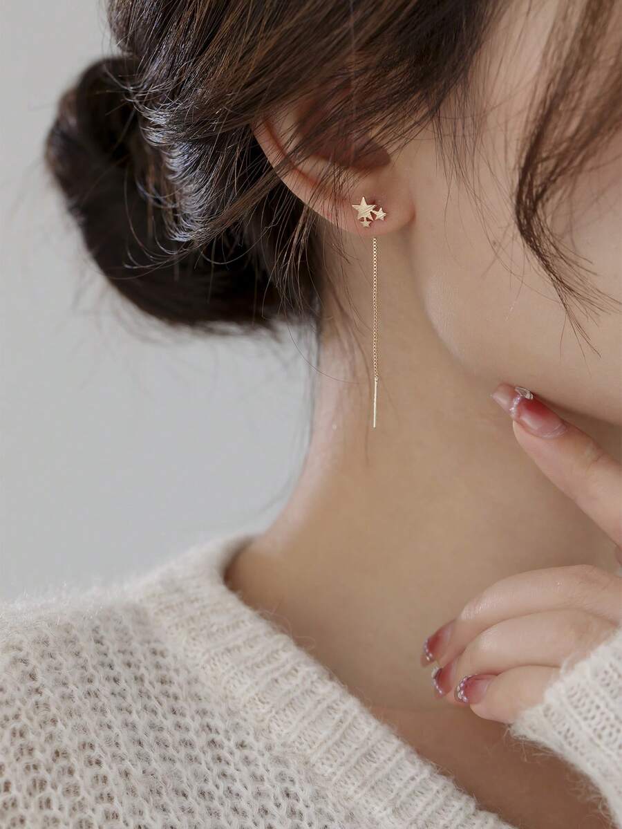Nooxian 1 Pair Women's Textured Star Element Tassel Pierced Earrings, Suitable For Daily Wear - Golden - View 1