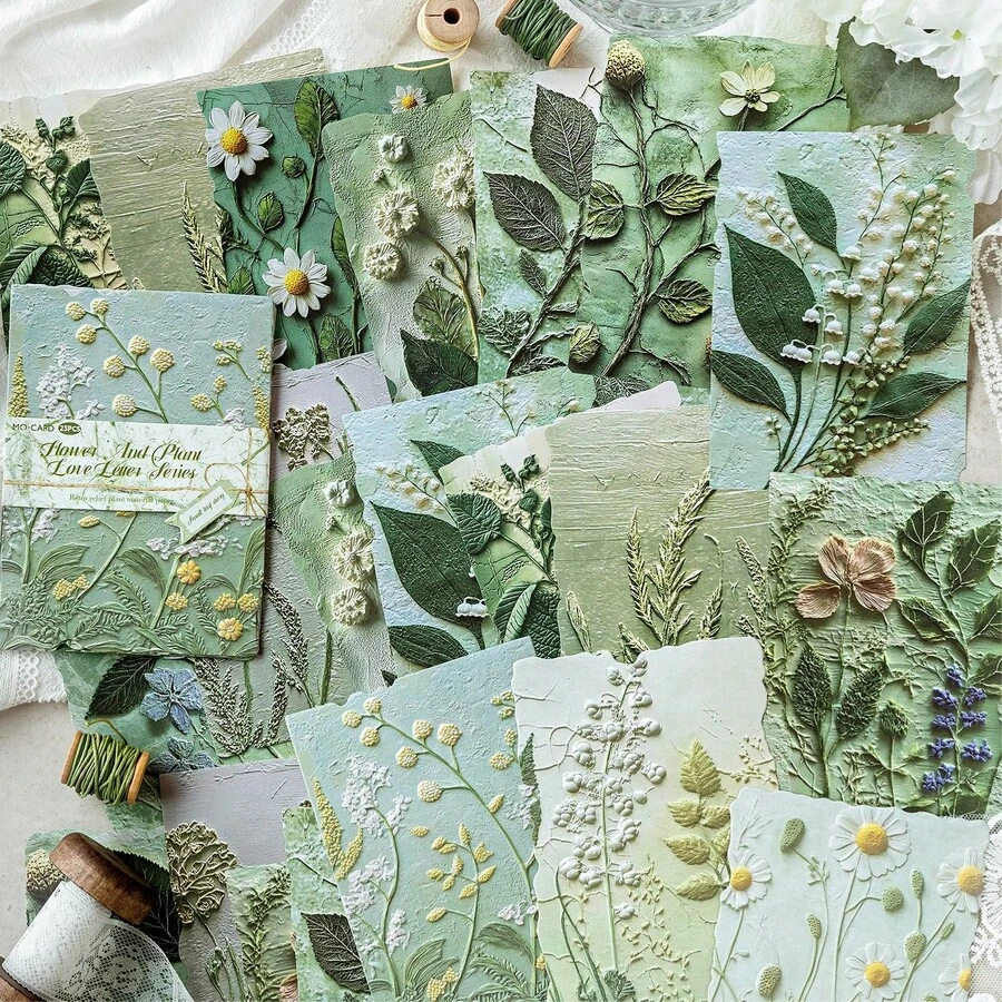 Momo复古压纹植物素材纸,花卉情书系列剪贴簿、日记、信封内衬DIY背景纸 - 彩色 - 查看 1