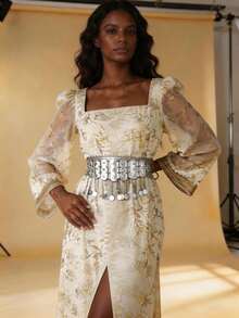 1pc Gold/Silver Coin Belt Set | Luxurious Rectangular Plate With Coin Tassel Chain, Glamorous Plated Non-Glossy Bridal And Festival Waist Chain - Choose Your Finish, Gold Or Silver Set Rectangular Plate Non-Glossy Coin Pendant - Silver - View 2