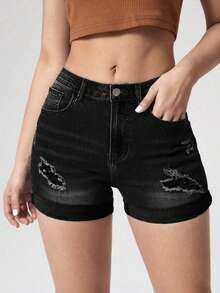 Black Elastic Skinny Ripped Shorts, Casual Denim Washed Jeans Shorts For Women, Suitable For Home, Daily Wear, Spring/Summer/Autumn - Black - View 6