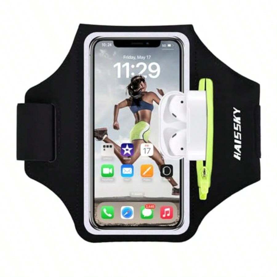 Brazalete para teléfono celular con bolsillo con cremallera, soporte para correr para iPhone 16 Pro Max/15/14 Pro Max/13/12/11 Pro Max/XS/XR Galaxy S20 S10, brazalete resistente al sudor con portarretratos - Negro versin actualizada 6.8 pulgadas - Ver 1