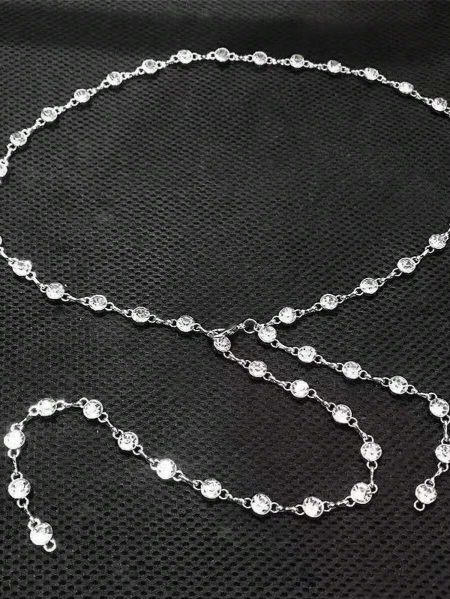 1pc Adjustable Silver Crystal Rhinestone Waist Chain, Sparkling Crystal Body Chain, Party Accessory For Women - Silver - View 1