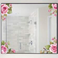 1 Stück hochwertige Bohemian-Stil rosa Rose Glas Spiegel Aufkleber, geeignet für Badezimmer, Waschtisch, Glastür & Fenster Dekoration - 1PC - Übersicht 4