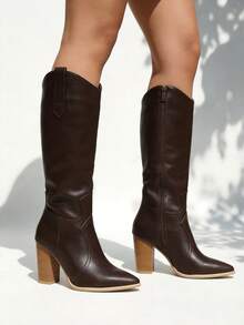 Botas largas de mujer con punta afilada, tacón grueso, cremallera, estilo occidental moderno para oficina y uso diario - Marrón - Ver 2