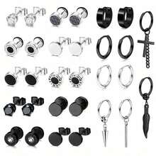 Diamday 30件套哥特风男士耳环，不锈钢材质，镶嵌立方氧化锆，圆形耳钉，垂坠耳环，杠铃耳钉，万圣节主题 - 彩色 - 查看 13