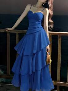 Elegant Asymmetric Ruffle Strap Dress, Fashion Versatile, Suitable For Women, Minimalist Spaghetti Strap Design, Suitable For Party, Prom, Evening, Birthday, Wedding, Back To School And Other Occasions, Dignified And Slim-Fitting Style Summer - Navy Blue - View 5