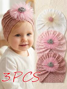3pcs Baby Mesh Flower Hat Set, Hollow Textured Infant Fontanel Cap, Cute Girl Headwear, Maternity & Baby Accessories, Suitable For All Seasons - Multicolor - View 4