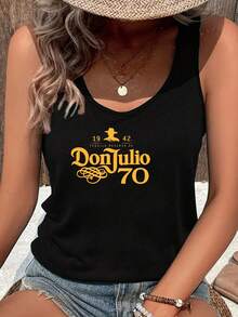 Vest Top Women, Retro-Style Graphic Tank Top | Sleeveless Top | A Must-Have Casual Vest For Campus Style, Daily Outings, Girls' Gatherings, And Music Festivals - 黑色 - 查看 1