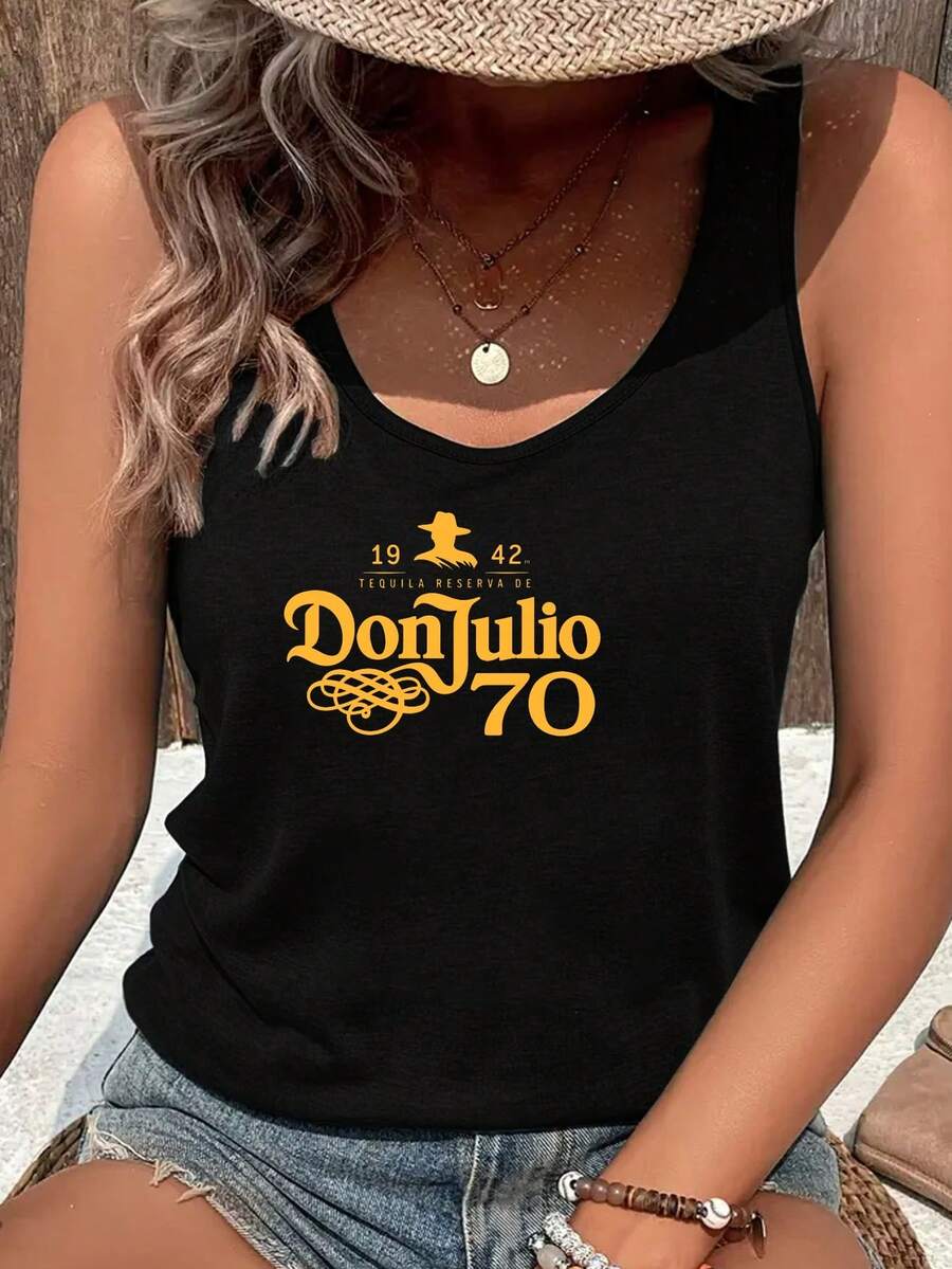 Vest Top Women, Retro-Style Graphic Tank Top | Sleeveless Top | A Must-Have Casual Vest For Campus Style, Daily Outings, Girls' Gatherings, And Music Festivals - 黑色 - 查看 1