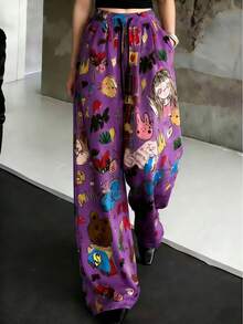 女士卡通印花阔腿裤，宽松休闲裤，春季款 - 紫色 - 查看 3