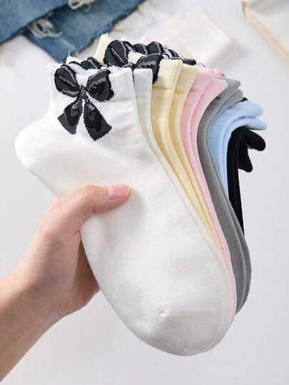 5双女士蝴蝶结糖果色船袜，颜色随机，四季皆宜