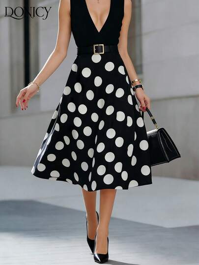 DONICY Falda larga elegante vintage de talle alto con vuelo y estampado de lunares blancos y negros