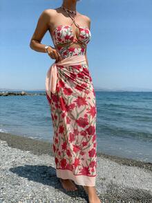 Conjunto de vestido midi de dos piezas con estampado floral, escote halter y recorte, para vacaciones - Multicolor - Ver 11