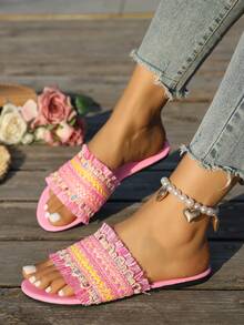 planare Dép lê nữ mùa hè tối giản bằng vải dệt màu nâu, kaki, hồng, kiểu dáng đế bằng, mũi tròn, thích hợp cho sử dụng hàng ngày, đi nghỉ mát và các dịp thường ngày. - Hồng - Xem 5