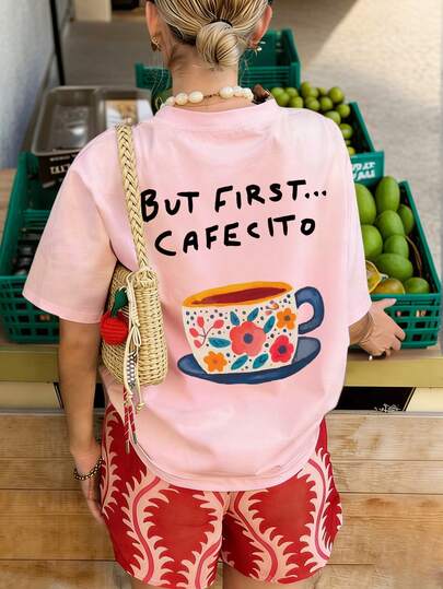 Summer New Minimalist Fashion Hand-Painted Floral Coffee Cup & Letter Print Casual Round Neck Short Sleeve T-Shirt, Versatile Fashionable Blouse For Women