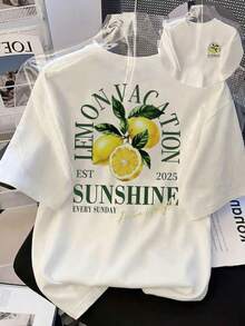 Women's Daily Lemon Vacation Sunshine 2025 Fri-Yay Green Slogan Lemon Graphic Round Neck Short Sleeve Casual T-Shirt Top, Vacation Wear For Women, Summer Clothing, Spring Clothing, Tops, Club Wear White - White - View 4