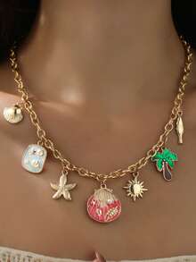 女士夏季海滩风情项链 - 镀金粗链，搭配贝壳、海星、椰子树和太阳吊坠 - 波西米亚风度假珠宝礼品 - 彩色 - 查看 2