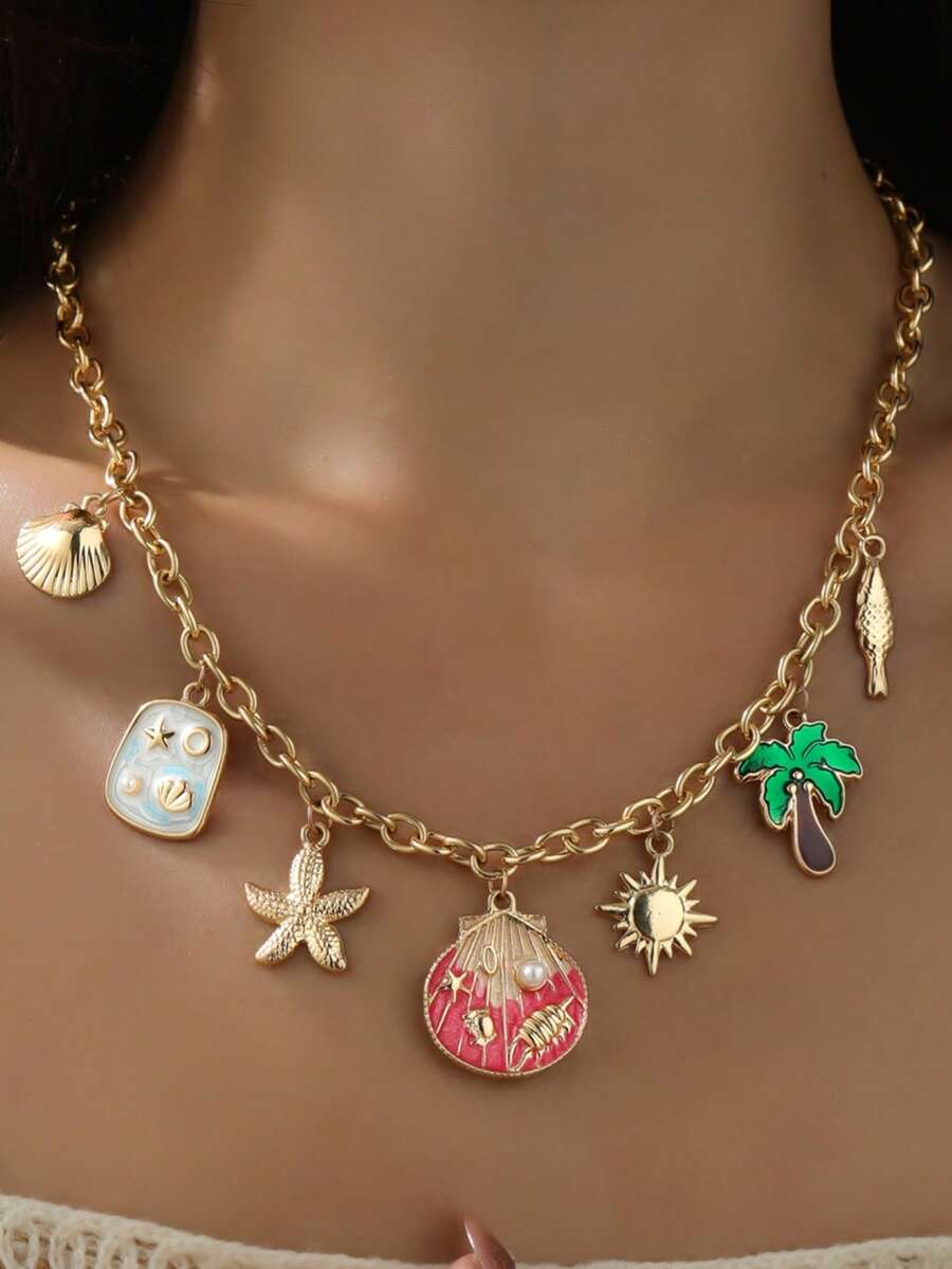 Women's Summer Beach Charm Necklace - Gold Plated Chunky Chain With Seashell, Starfish, Coconut Tree And Sun Pendants - Bohemian Holiday Style Jewelry Gift - Multicolor - View 1