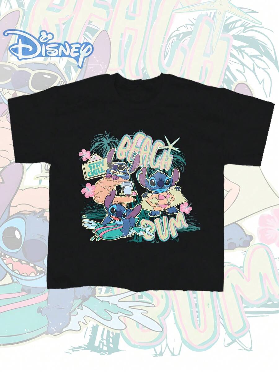 This Disney *Lilo & Stitch* Men's Summer T-Shirt Features Playful Cartoon Graphics, A Vintage-Style Distressed Finish, And A Seamless, One-Piece Cut. Crafted From Pure Cotton Fabric, It Offers An Exceptionally Comfortable Feel And Excellent Breathability. The Design Cleverly Blends Outdoor And Streetwear Aesthetics, Complete With A Classic Crew Neck. As A High-Quality Piece From A Stylish Brand, It Makes An Ideal Gift For Friends And Family-Sure To Bring The Recipient A Delightful Surprise And Joy. - màu đen - Xem 1