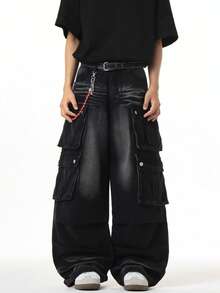 1pc Vintage American Style Men's Loose Fit Cargo Jeans, Versatile High Street Washed Distressed Design, Multi-Pocket Wide Leg Pants (Product Does Not Include Belt And Accessories) - Black - View 3