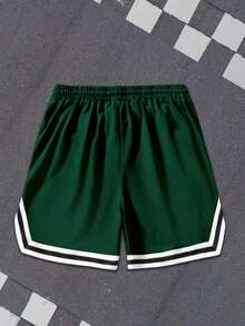 Men's Casual Fashionable Street Cartoon Slogan Print Soft Contrast Stripe Drawstring Waist Basketball Shorts, Summer - Green - View 2