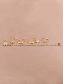 5PCS Flower Dangle Hoop Stud Ear Clip Earring For Set Women Zirconia 18K Gold Plated Earring Women Vacation Party Jewelry - 1-gold-5PCS - View 3
