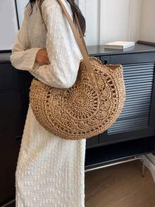 1pc Large Round Straw Tote Bag, Woven Beach Shoulder Bag With PU Leather Strap, Lightweight Boho Style Casual Handbag, Suitable For Summer Vacation, Travel, Shopping, Daily Use, For Women/Girls/Young Adults, Suitable For Beach/Resort/Seaside/Travel - Brown - View 7
