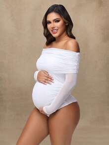 孕妇性感透视网纱露肩长袖连体裤，孕期摄影服装 - 白色 - 查看 3