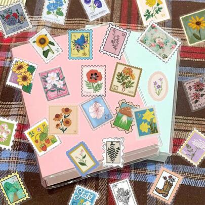 50张花卉图案印章贴纸，可用于装饰日记本、笔记本、剪贴簿、信封、卡片、行李箱、滑板、头盔、家具等。