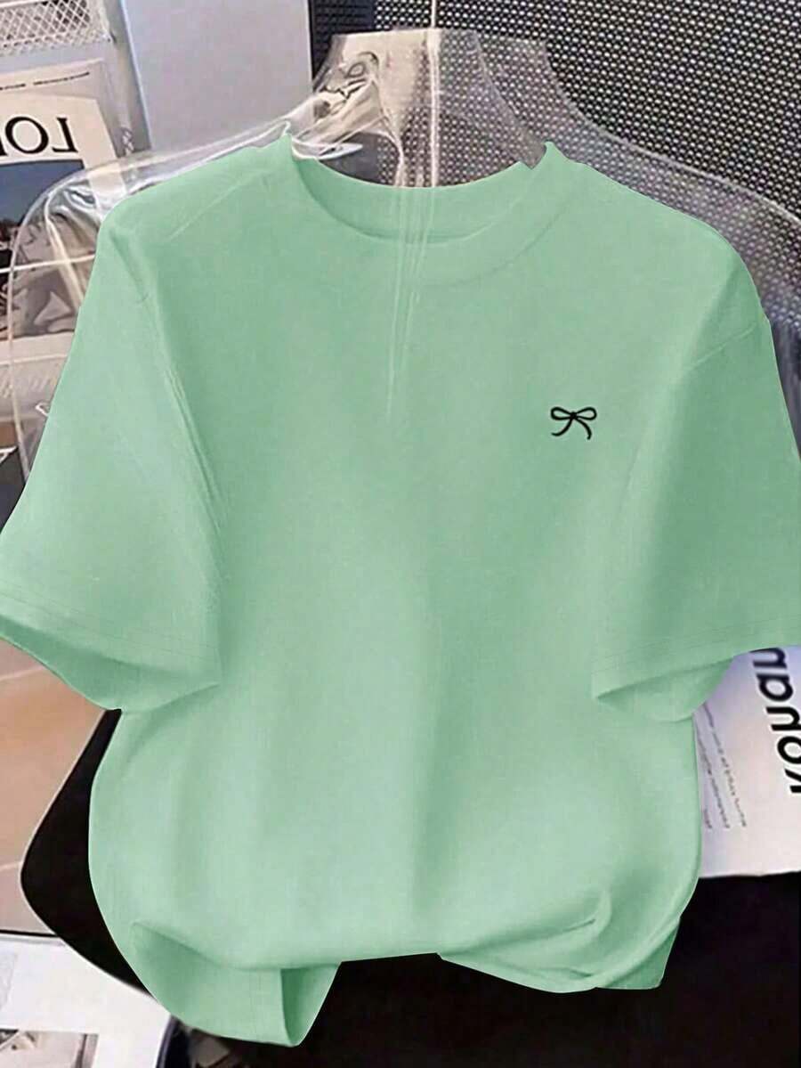 Envío gratis, entrega local enéxico, entrega en 4 días.Camiseta de manga corta con estampado de lazo, corte holgado, para primavera/verano, ropa casual. - verde menta - Ver 1