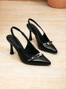 Women's Elegant Black PU Leather Pointed Toe Pumps With Metal Buckle, High Stiletto Heel, Slingback Design, Suitable For Spring And Autumn - Black - View 6