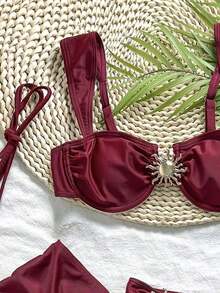 3pcs Solid Color Tankini Swimwear Set, Wide Strap Design With Underwire For Comfortable Support, Fashionable Beach Style, Perfect For Summer Beach And Pool Party Vacation - 紅色 - 查看 6