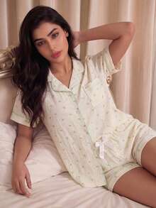 2pcs/Set Women's Ditsy Floraled Summer Pajama Set, Short Sleeve Button-Down Shirt And Shorts, Casual Loungewear For Summer., Two Pieces Set - Apricot - View 6
