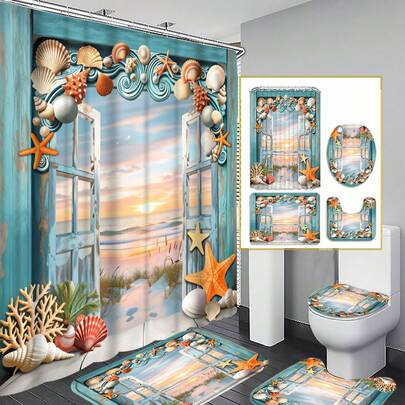 Bộ 1/3/4 món rèm tắm hình sao biển và vỏ sò cho phòng tắm, họa tiết cửa sổ nhìn ra biển, vải polyester có thể giặt được, chống thấm nước, phụ kiện trang trí phòng tắm, kèm 12 móc - Bao gồm cả bọc bồn cầu, thảm tắm và thảm trải sàn, hoàn hảo cho nhà/phòng ngủ/phòng khách/đồ dùng gia đình/mùa hè