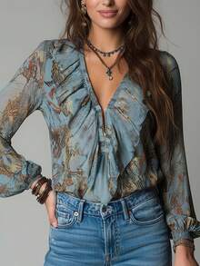 复古法式度假风优雅雪纺印花深V领拉链荷叶边灯笼袖女式衬衫，全身印花褶皱荷叶边/荷叶边薄纱度假夏季 - 薰衣草藍 - 查看 2