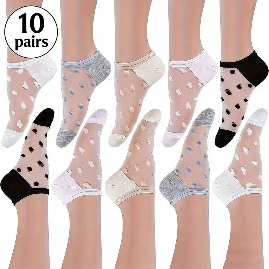 10 đôi tất nữ mùa hè mỏng nhẹ chấm bi - Tất cổ thấp không trơn trượt, thoáng khí, mỏng nhẹ, có chun ở cổ tất, phù hợp với giày cao gót và giày thường, có thể giặt máy. - Nhiều màu - Xem 1
