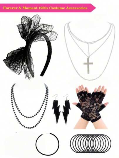 7件套80年代霓虹配饰套装，包括闪电耳环、蕾丝手套、项链、发圈、发带和手链，适合90年代复古派对、万圣节、圣诞节和舞会等场合。