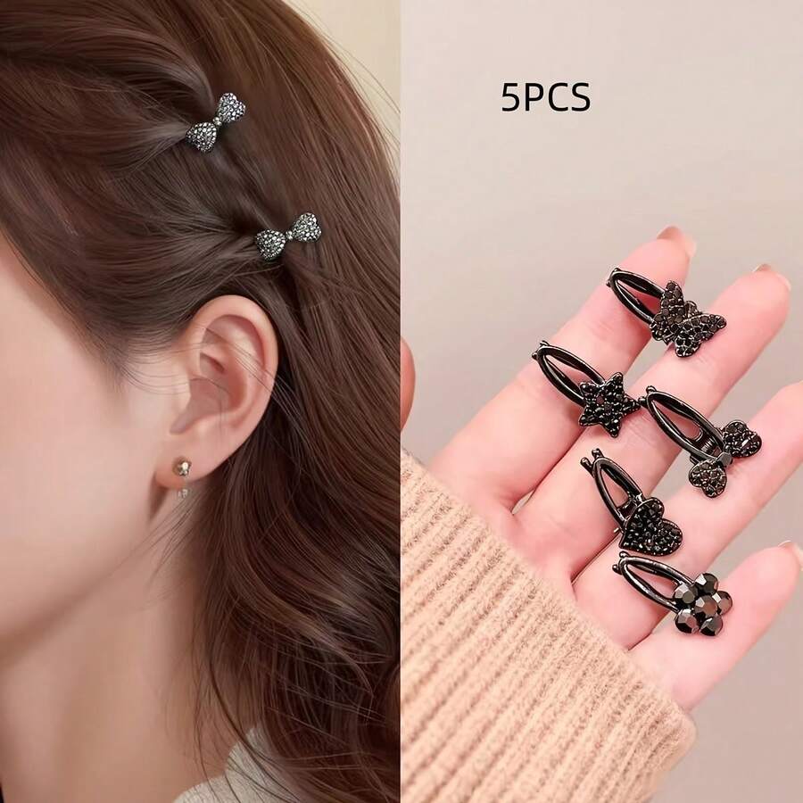 Bộ 5 chiếc kẹp tóc hình nơ đính đá nhỏ, kẹp tóc đính đá cao cấp, kẹp tóc mái mini, phụ kiện tóc. - Nhiều màu - Xem 1