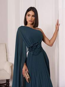 Long Chiffon Party Dress For Bridesmaids With Cape And Flower Detail For Wedding. - Màu xanh lá cây đậm - Xem 2