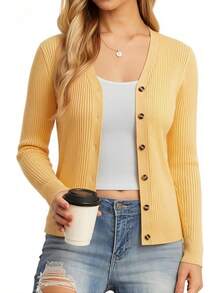 Women's Long Sleeve Button Up Cardigan Sweaters Ribbed Knit Open Front Casual - Mid Yellow - View 8