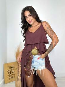 Bata Túnica Babado Alongada Alcinha Boho Chic - Marrom - Visão 4