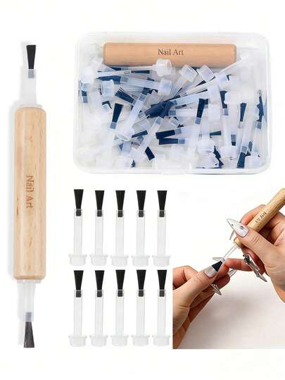 50件套，简约便捷的专业美甲工具——采用双头可拆卸刷头和笔状设计，配以木质手柄。这款多功能工具适用于指甲油和凝胶，是专业美甲沙龙和家庭使用的理想之选，也是制作亚克力美甲的绝佳选择。