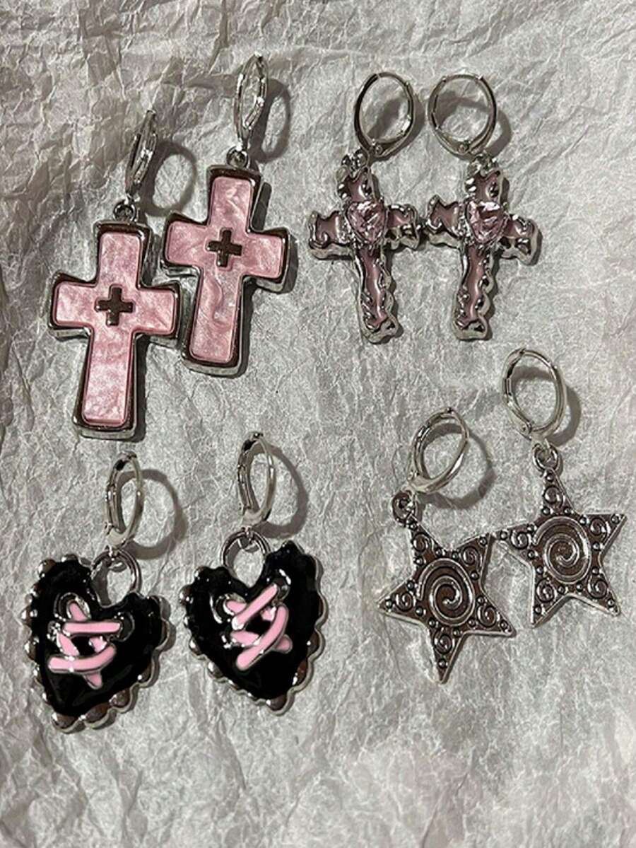 2 đôi bông tai hình thánh giá cổ điển đính pha lê, có thể thay thế, mạ bạc, unisex, trang sức dự tiệc phong cách hip-hop. - Nhiều màu - Xem 1