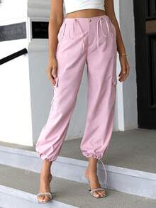Women's Casual Fashion Street Drawstring Waist Flap Pocket Cargo Jogger Pants Pink - Pink - View 4