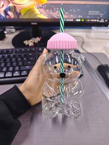 2pcs/Set (1 Glass Cup + 1 Straw) Cute Bear Glass Cup With Straw - Reusable, Suitable For Iced Coffee, Tea, Juice Etc. - Hand Wash Only, Beverage Container | Interesting Design - Pink - View 10