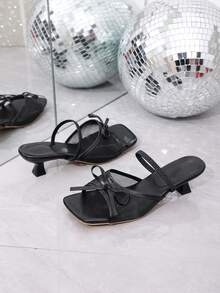 Women's High Heel Sandals With Bowknot, Polyester Mesh Splice, Wide Fit Beach Sandals - Black - View 3