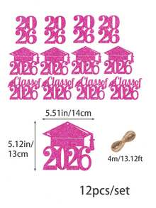 12pcs/Set Neon Pink Glitter "Class Of 2026" Graduation Party Vase Tags Decorations - Hot Pink - View 3