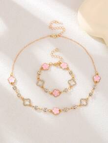 2件套时尚优雅幸运花水钻五叶草粉色五叶草吊坠项链手链套装，适合女性日常、派对、商务、聚会、约会、通勤等场合佩戴。 - 粉色 - 查看 2